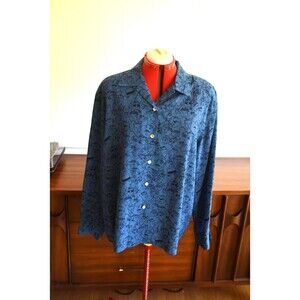 Le Caviar Women's Vintage Blouse Size XL Faces BLUE funky Long Sleeves  Collar